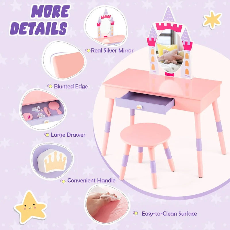 Table de toilette et tabouret pour enfants, style château rose, 1 enfant