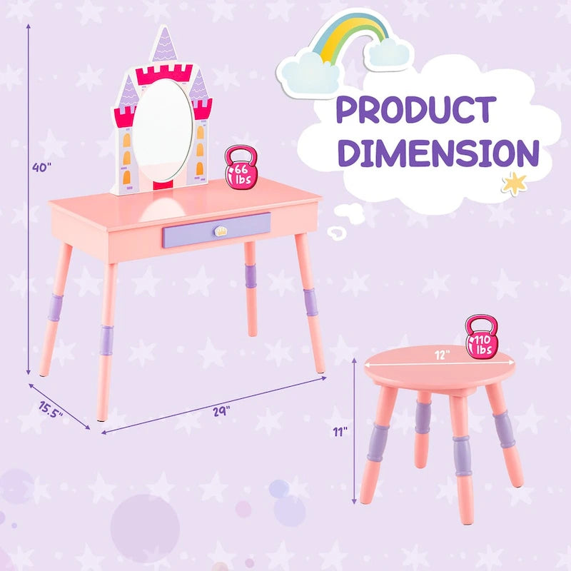 Table de toilette et tabouret pour enfants, style château rose, 1 enfant
