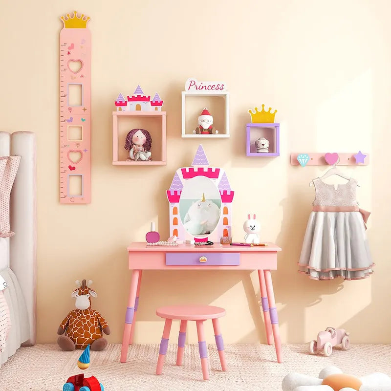 Table de toilette et tabouret pour enfants, style château rose, 1 enfant